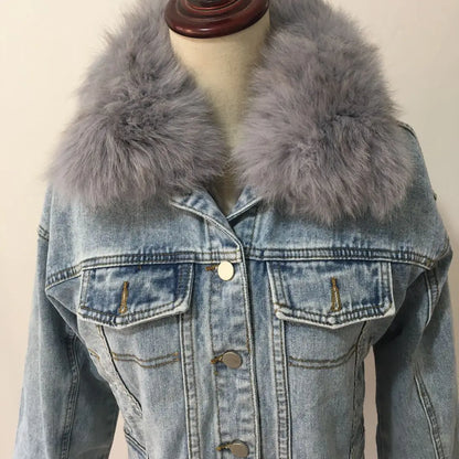 Limited availability Real Fox fur thick warm denim parkas female winter coat