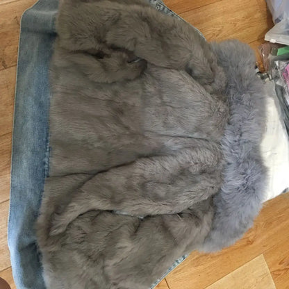 Limited availability Real Fox fur thick warm denim parkas female winter coat