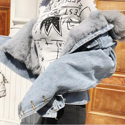 Limited availability Real Fox fur thick warm denim parkas female winter coat