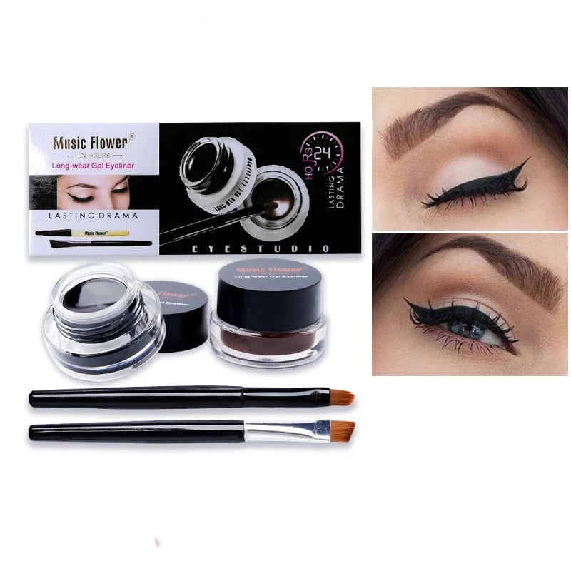 music flower eye makeup 2 in 1 brown black gel eyeliner cream waterproof creamy texture eye liner set with brushes