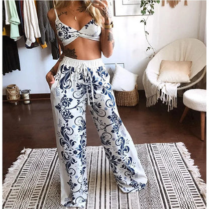 2 pcs suit tracksuit sets womens outfits boho style print loose wide