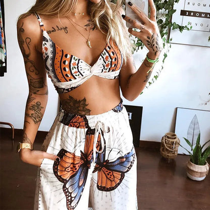 2 pcs suit tracksuit sets womens outfits boho style print loose wide