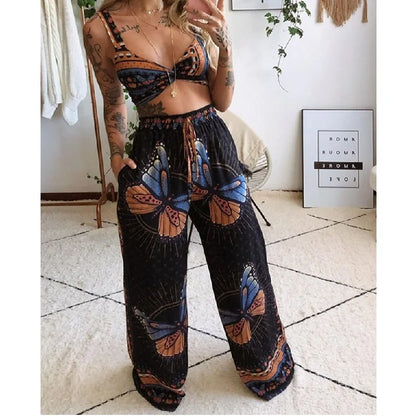 2 pcs suit tracksuit sets womens outfits boho style print loose wide