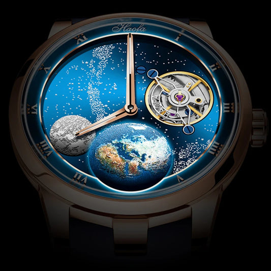 Luxury watch with a detailed face showing Earth and moon, on a dark background