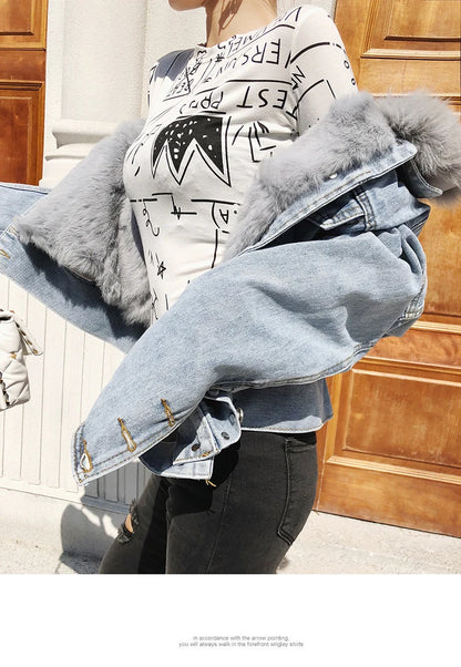 Limited availability Real Fox fur thick warm denim parkas female winter coat