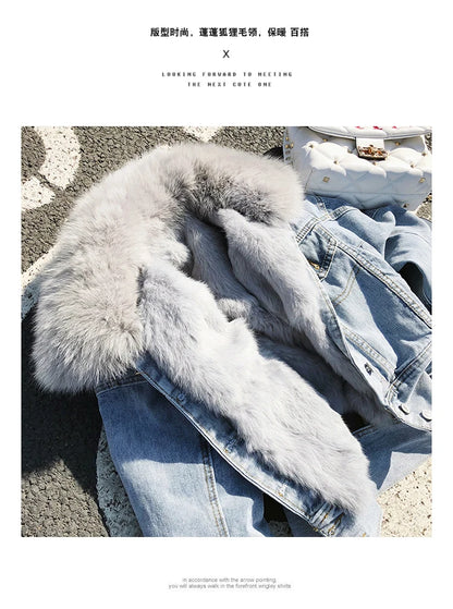 Limited availability Real Fox fur thick warm denim parkas female winter coat