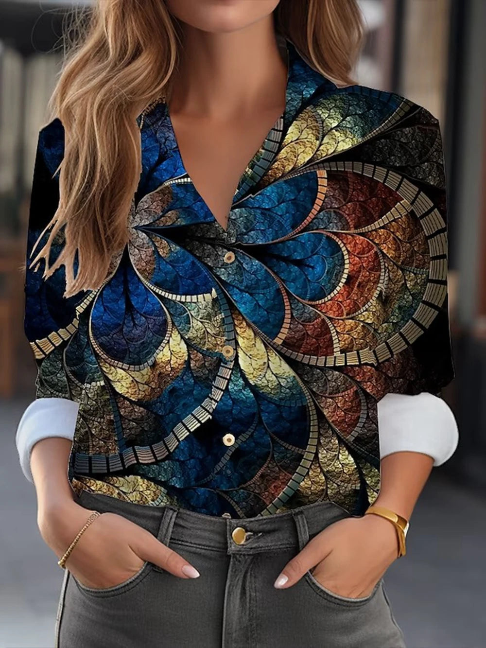 women's fashion shirt with abstract print, elegant loose fit,