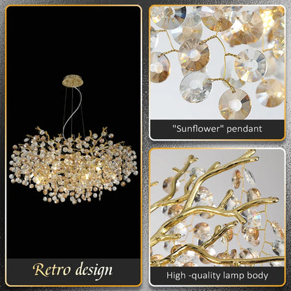 gold lustre sun crystal ceiling chandelier - led nordic home decoration