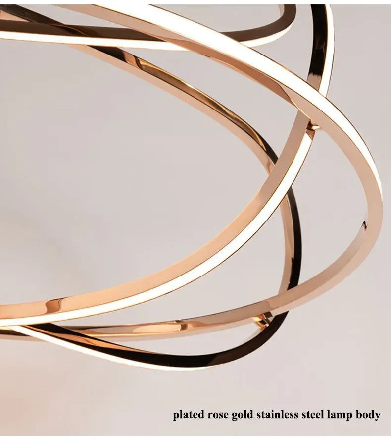 modern rose gold LED chandelier, irregular rings, for living and dining rooms, kitchen hanging lights luminaire