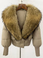 winter women's white duck down jacket with real raccoon fox fur collar loose fit coat