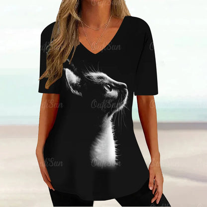 Cat Graphic T Shirt For Women Painting Print Loose Clothing