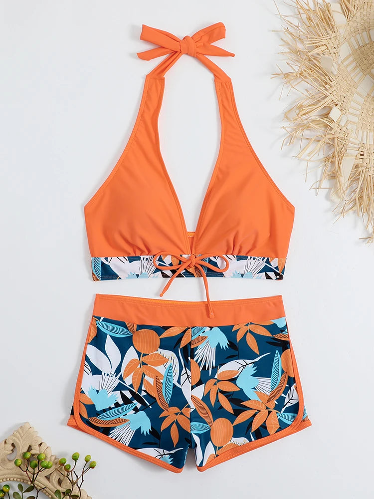 Bikini set short swimsuit women high waist swimwear printed beachwear