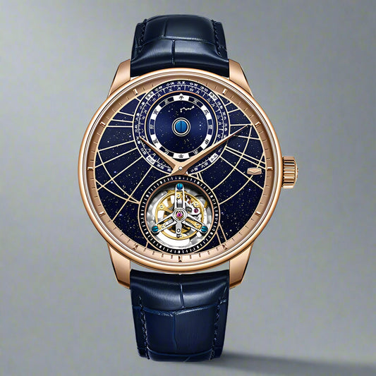 Luxury watch with blue strap and intricate design on a white background, featuring the brand 'Sea-Gull'.