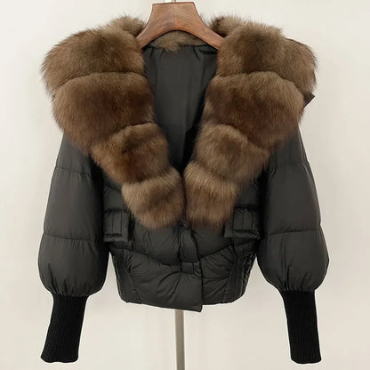 winter women's white duck down jacket with real raccoon fox fur collar loose fit coat