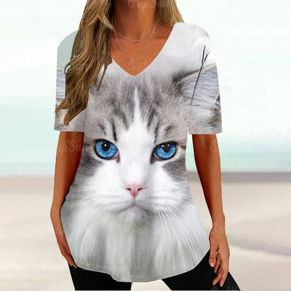 Cat Graphic T Shirt For Women Painting Print Loose Clothing