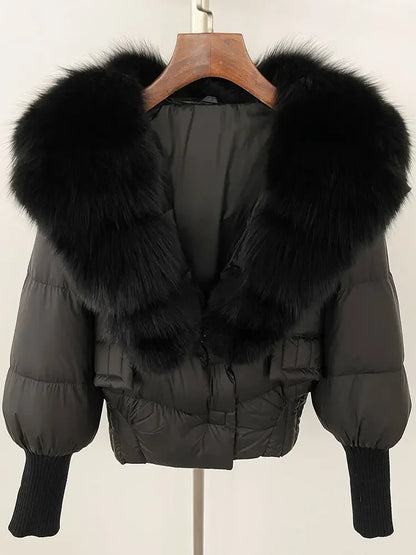 winter women's white duck down jacket with real raccoon fox fur collar loose fit coat