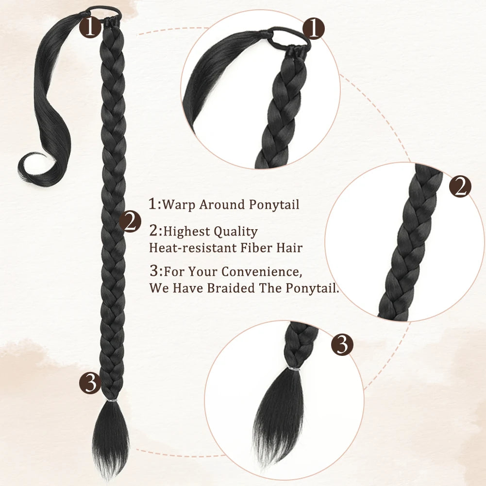 Long Braided Ponytail Extension with Elastic Tie Long Straight