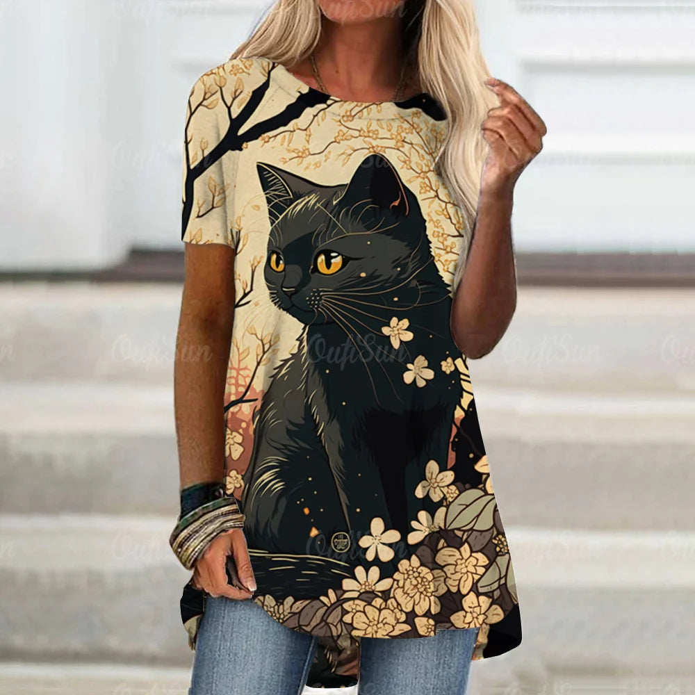 cat women's t-shirt round neck women's clothing loose t shirt for women fashion