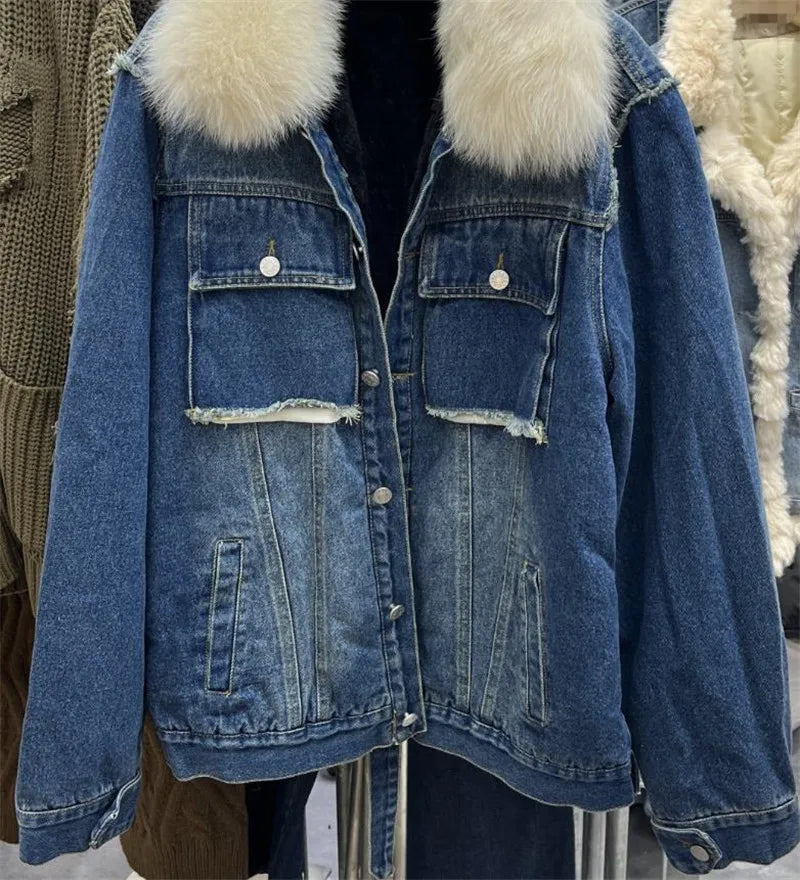 Limited availability Real Fox fur thick warm denim parkas female winter coat