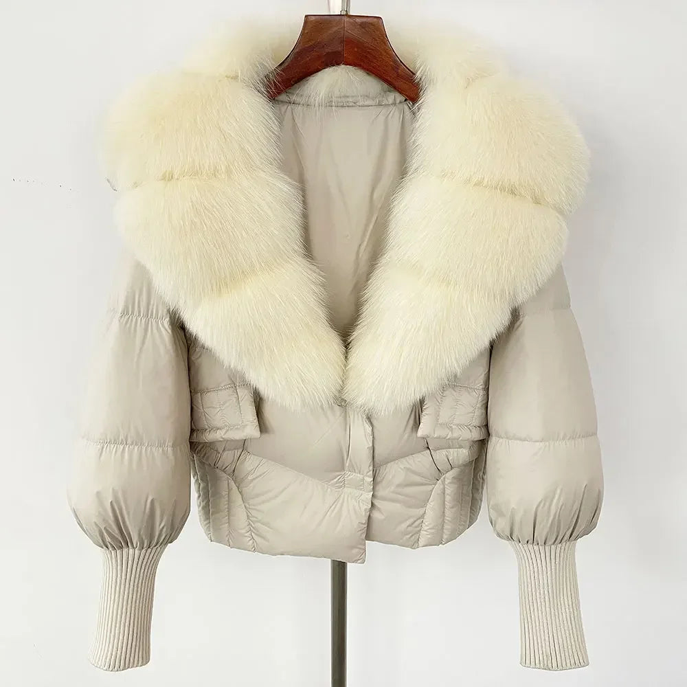 winter women's white duck down jacket with real raccoon fox fur collar loose fit coat