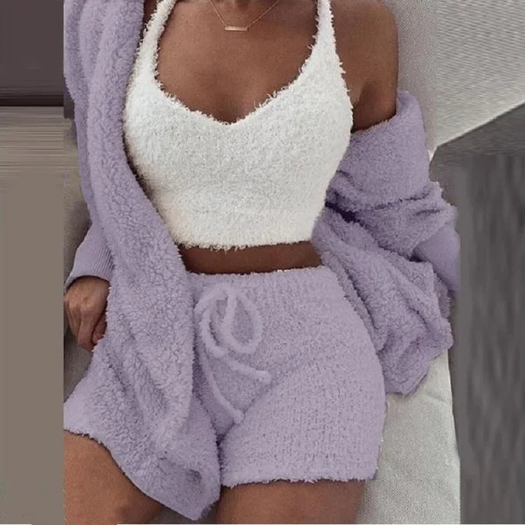 women's 3-piece pajama set  - crop top, pants & coat