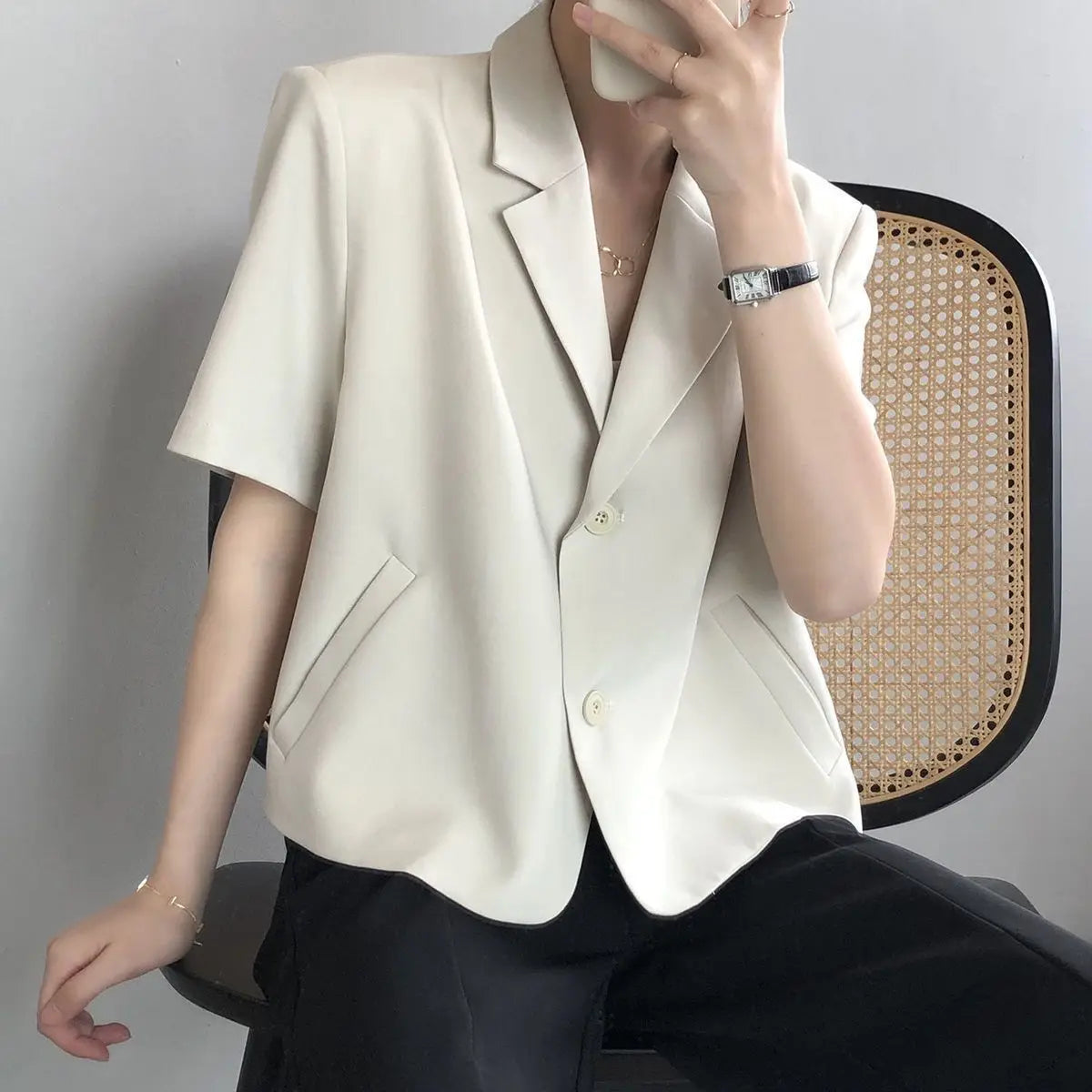 suit top women thin jacket outerwears casual short sleeve blazers solid cotton coats