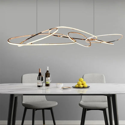 modern rose gold LED chandelier, irregular rings, for living and dining rooms, kitchen hanging lights luminaire