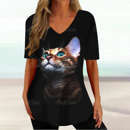 Cat Graphic T Shirt For Women Painting Print Loose Clothing