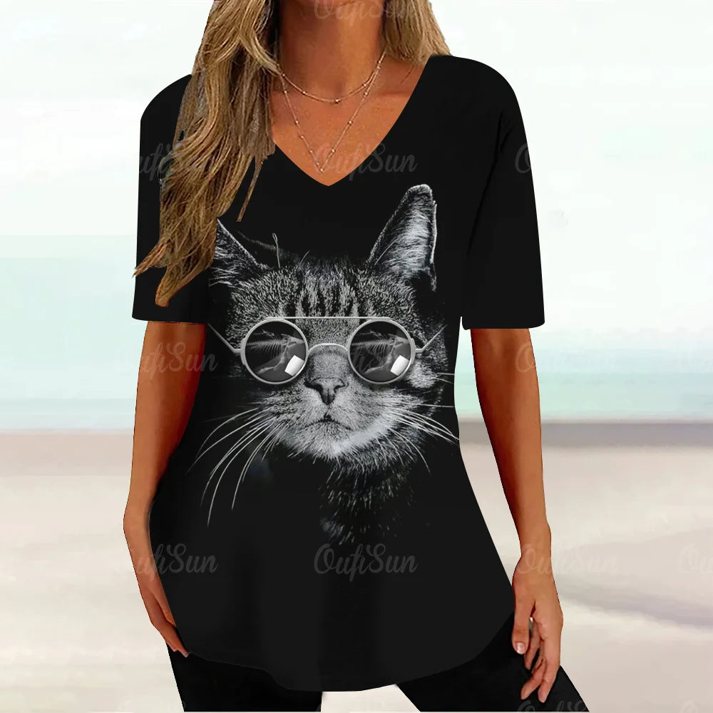 Cat Graphic T Shirt For Women Painting Print Loose Clothing