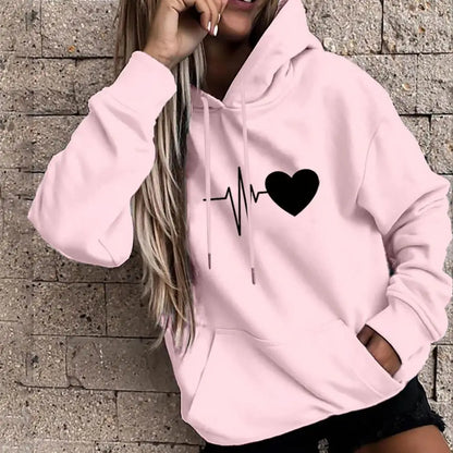 women hoodie drawstring warm pullover heart print spring hoodie