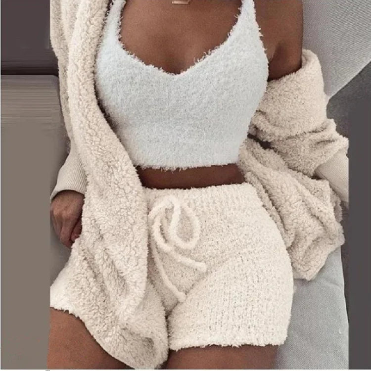 women's 3-piece pajama set  - crop top, pants & coat