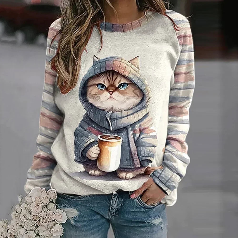 Cotton Long Sleeve T-Shirts For Women Funny  Cat Animals Print Sweatshirts F