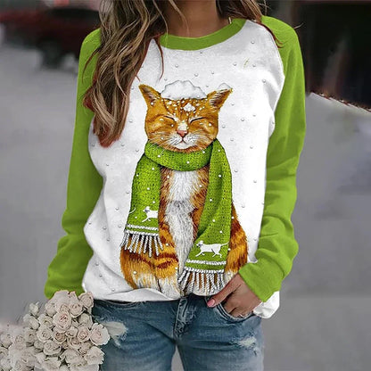 Cotton Long Sleeve T-Shirts For Women Funny  Cat Animals Print Sweatshirts F