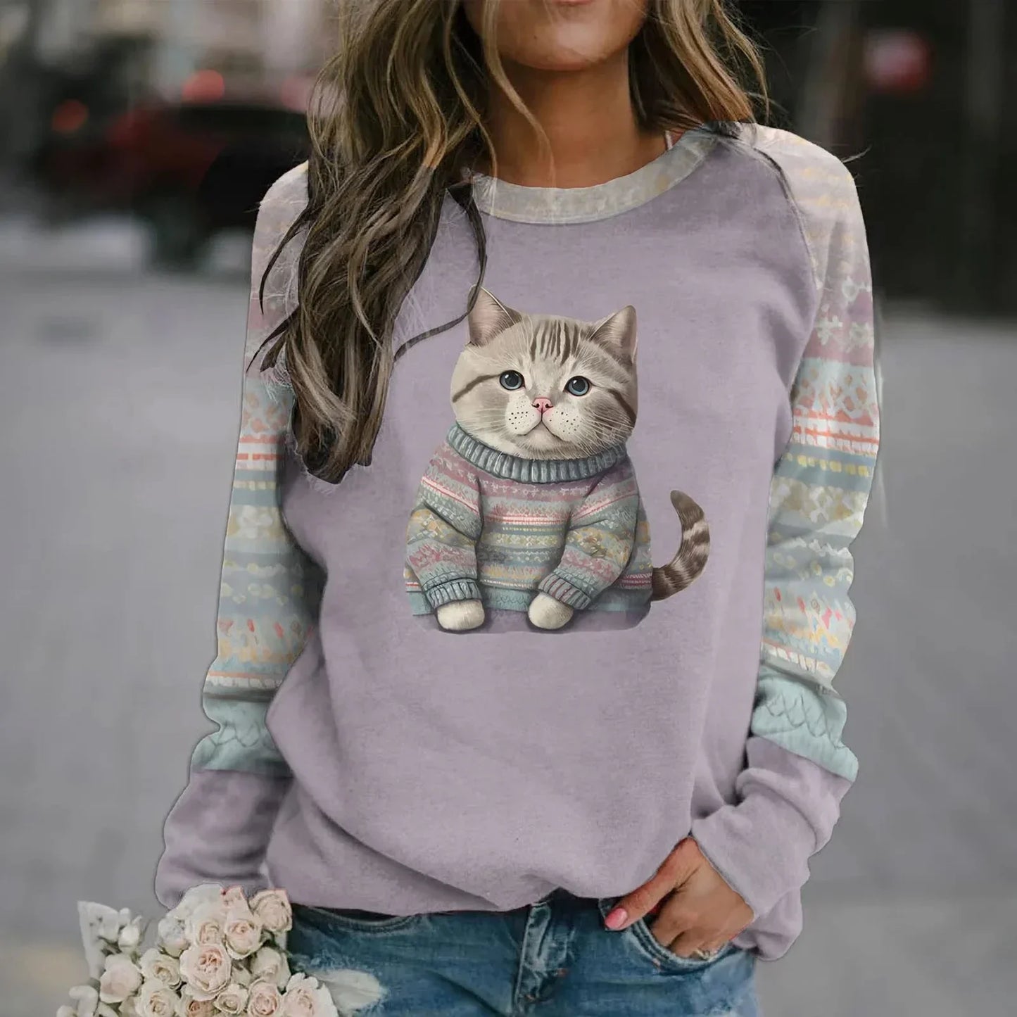 Cotton Long Sleeve T-Shirts For Women Funny  Cat Animals Print Sweatshirts F