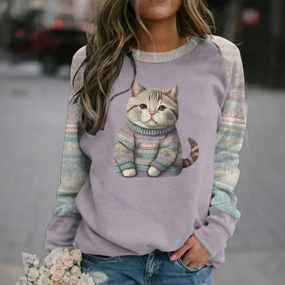 Cotton Long Sleeve T-Shirts For Women Funny  Cat Animals Print Sweatshirts F