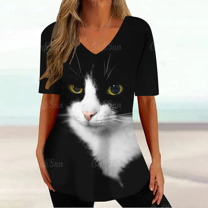 Cat Graphic T Shirt For Women Painting Print Loose Clothing