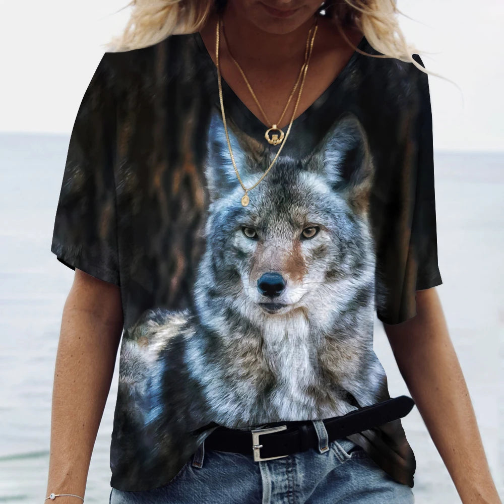 Unisex t-shirt featuring a 3D print of a wolf among many designs