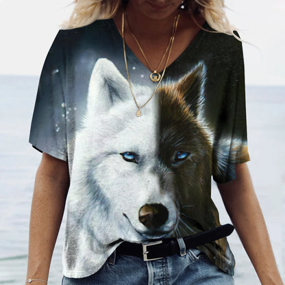 Unisex t-shirt featuring a 3D print of a wolf among many designs