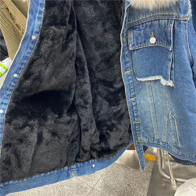 Limited availability Real Fox fur thick warm denim parkas female winter coat