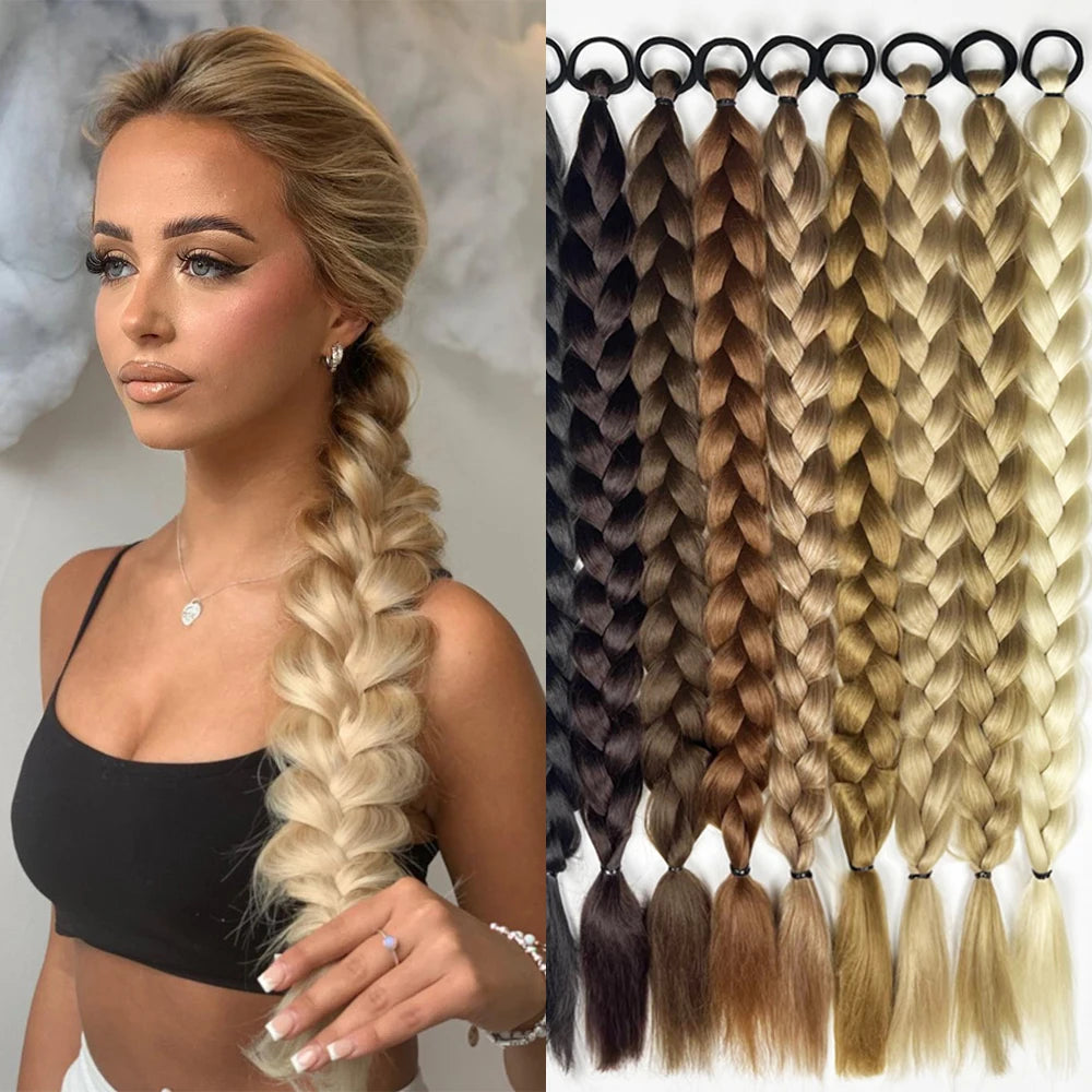 Synthetic long twist braid ponytail extensions with rubber band for women. Perfect for daily use