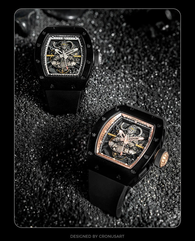 Two black watches with intricate designs on a dark textured background, designed by Cronusart.