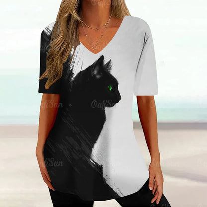 Cat Graphic T Shirt For Women Painting Print Loose Clothing