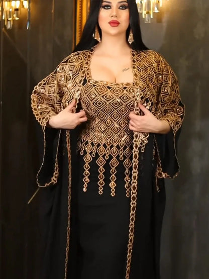 women's two-piece shiny embroidered abaya and vest set long dress overgarment