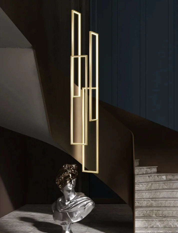 modern led pendant light, minimalist rectangular chandelier, black/gold, for staircases and living rooms