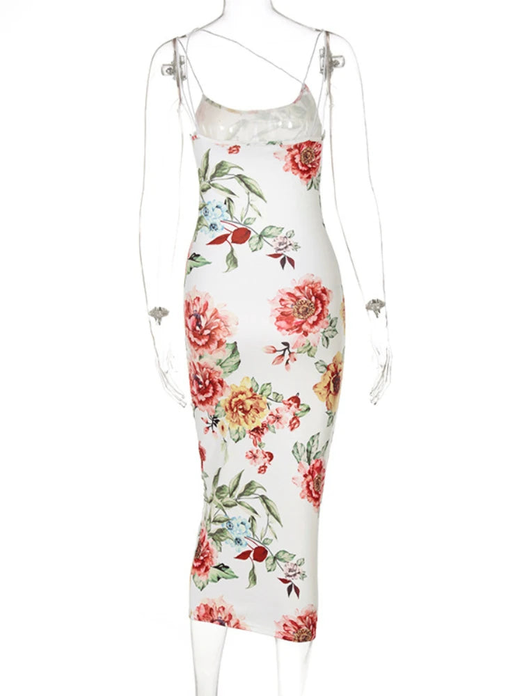 Vintage Floral Print Slim Bodycon Maxi Dress - Sleeveless Strap Elegant Club Party  for Women