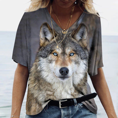 Unisex t-shirt featuring a 3D print of a wolf among many designs