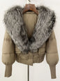 winter women's white duck down jacket with real raccoon fox fur collar loose fit coat