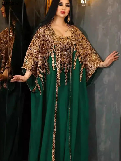 women's two-piece shiny embroidered abaya and vest set long dress overgarment