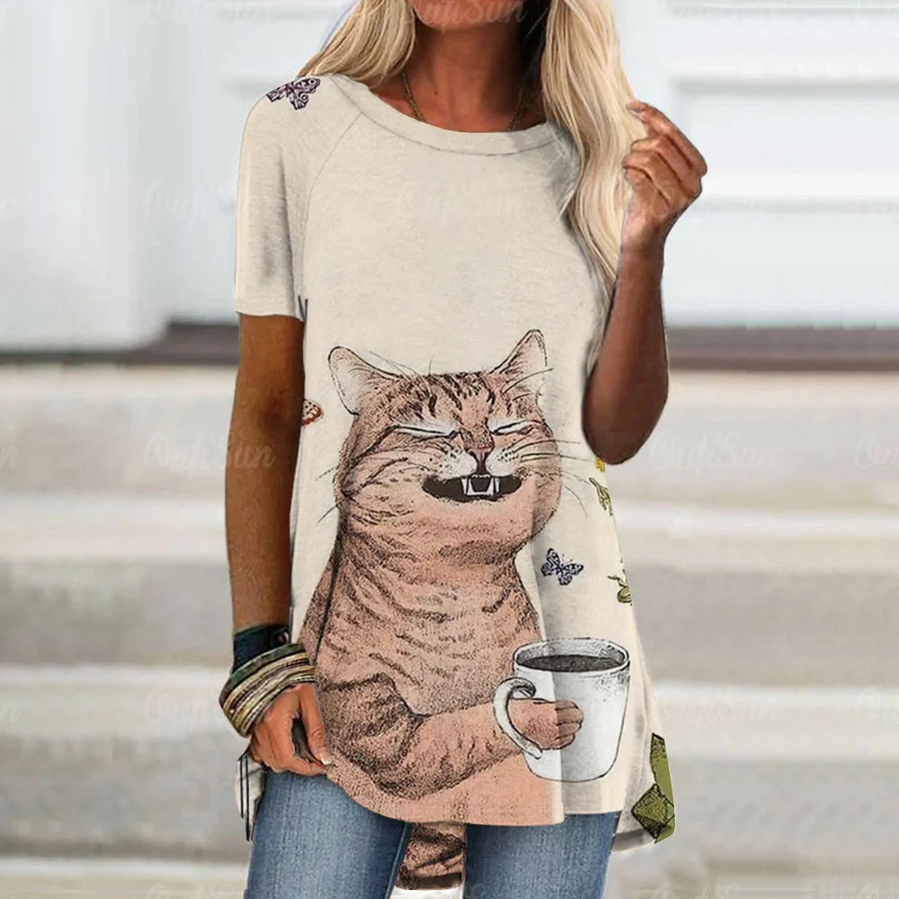 cat women's t-shirt round neck women's clothing loose t shirt for women fashion