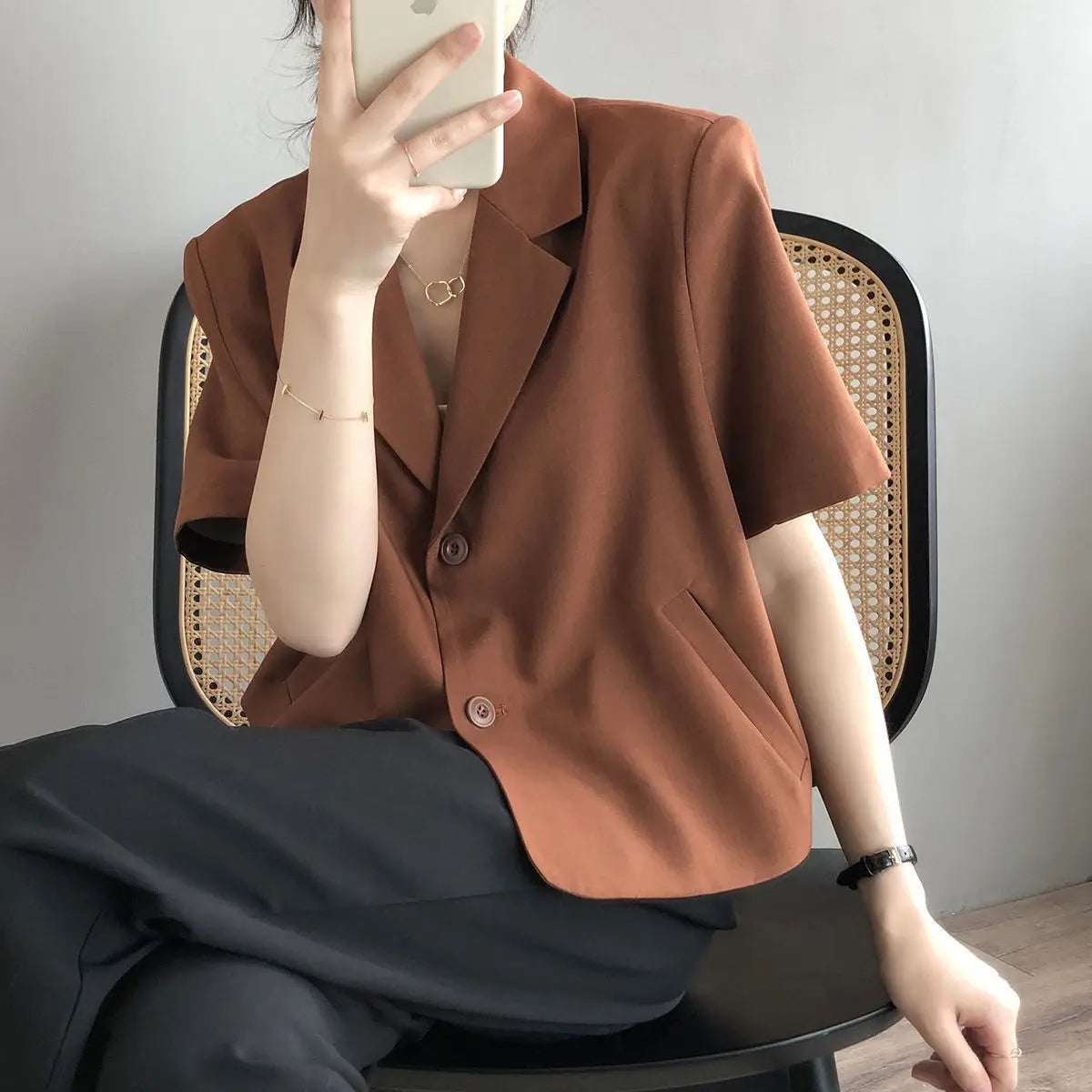 suit top women thin jacket outerwears casual short sleeve blazers solid cotton coats